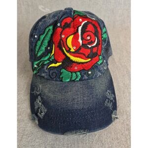 Y2K Cheveux Trucker Baseball Hat Embroidered Rose Tattoo Graphic Distressed